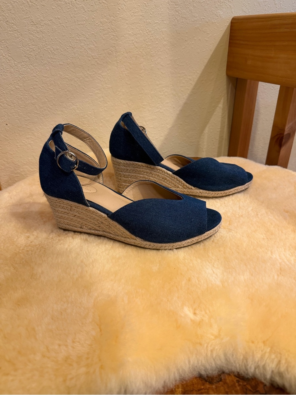 Comfort Denim Wedge Sandals with Ankle Strap - size 10
